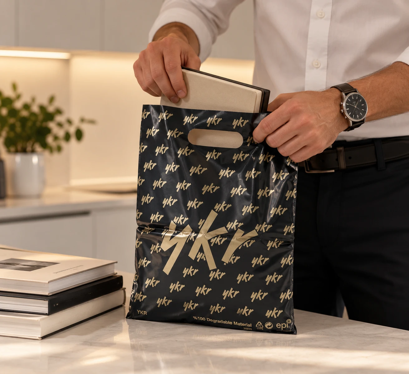 Pungi YKR negre cu imprimeu auriu 20 × 30 cm – mâner decupat