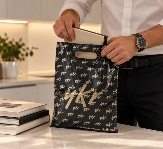 Pungi YKR negre cu imprimeu auriu 20 × 30 cm – mâner decupat