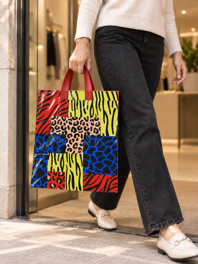 Pungi cu imprimeu animal print multicolor 38 × 38 cm – mâner cu buclă