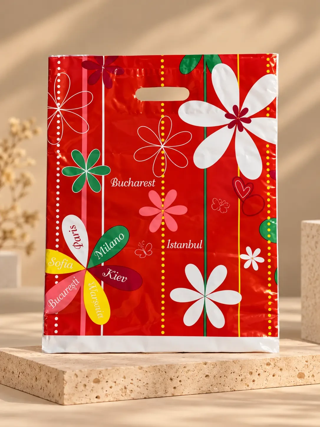Pungi cu imprimeu floral 40 × 50 cm – mâner decupat