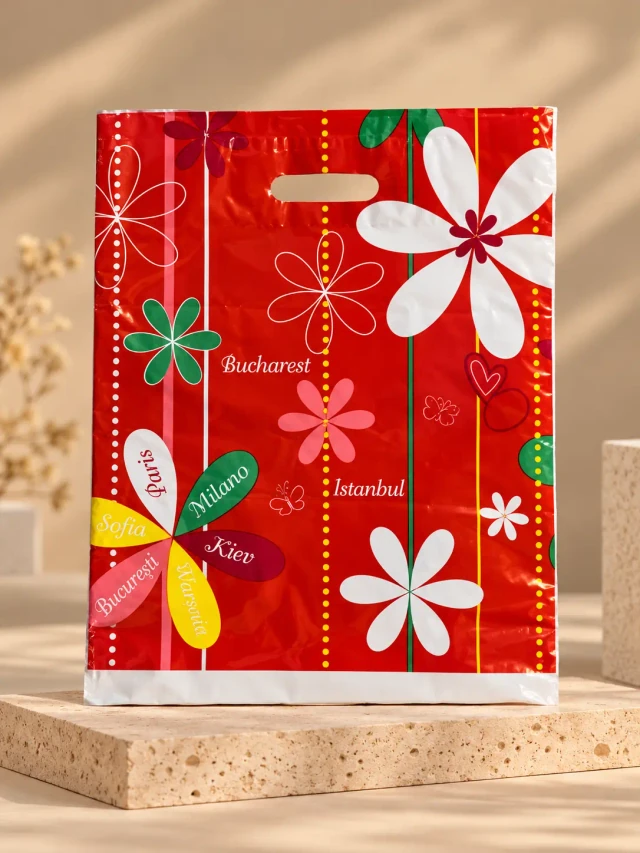 Pungi cu imprimeu floral 40 × 50 cm – mâner decupat